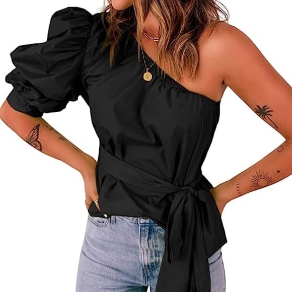 Tops - Asymmetric Puff Sleeve Tie  Top
